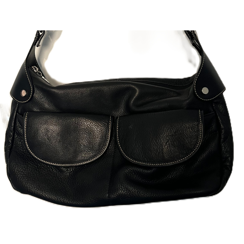 MAXX New York Black Leather Shoulder Bag Hobo Purse Large Pocket Handbag Silver - Picture 3 of 16